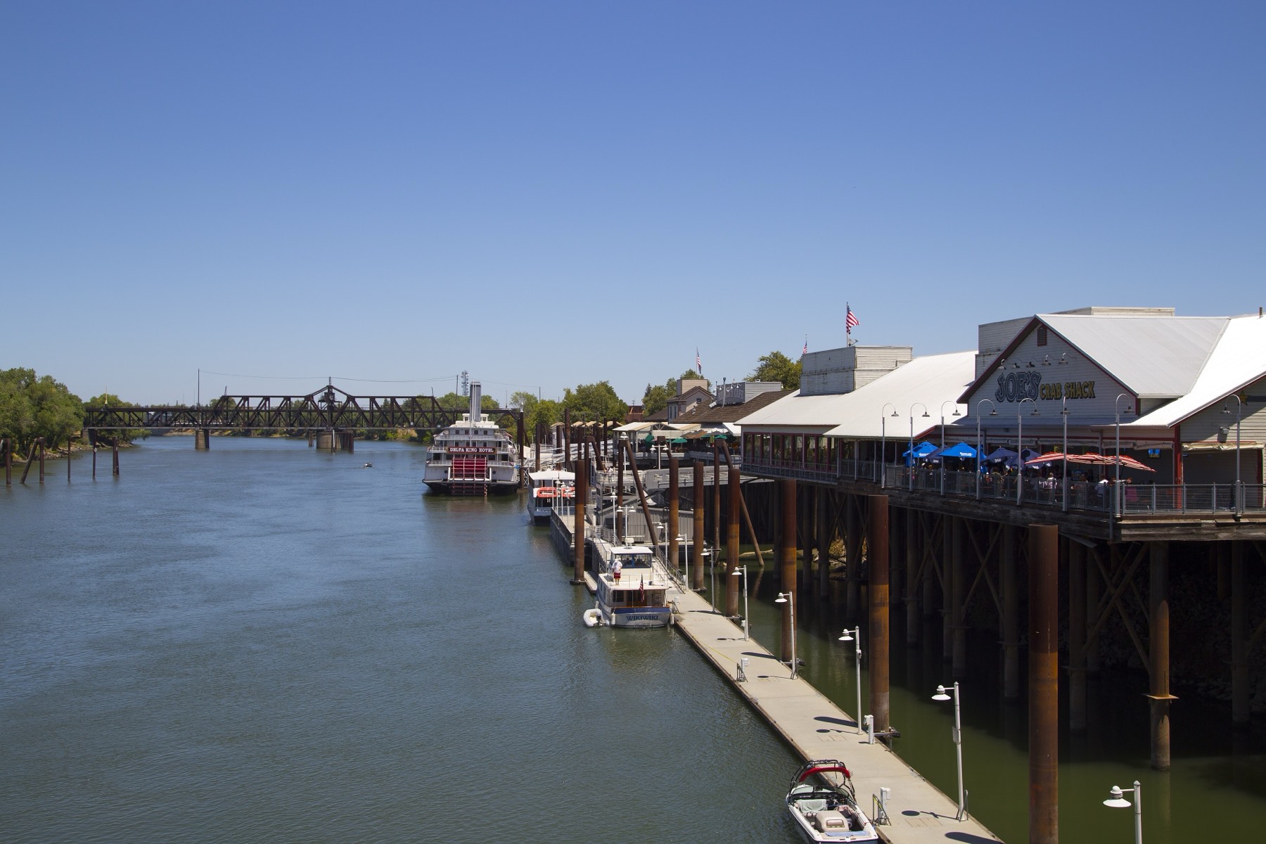 Old Sacramento's waterfront, the Delta King riverboat and the I Street Bridge